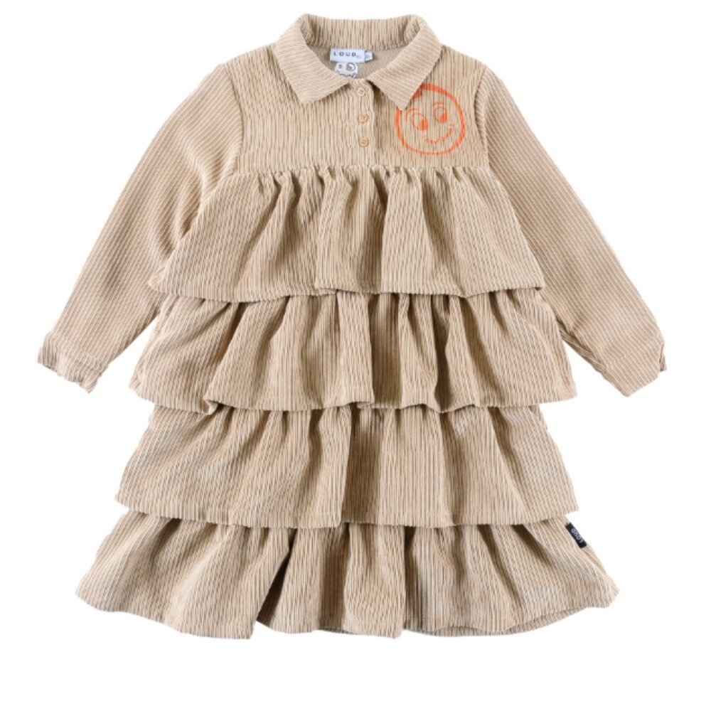 Loud Apparel Girls Dress DAFFODIL Tan Orange Panelled Corduroy Ruffled